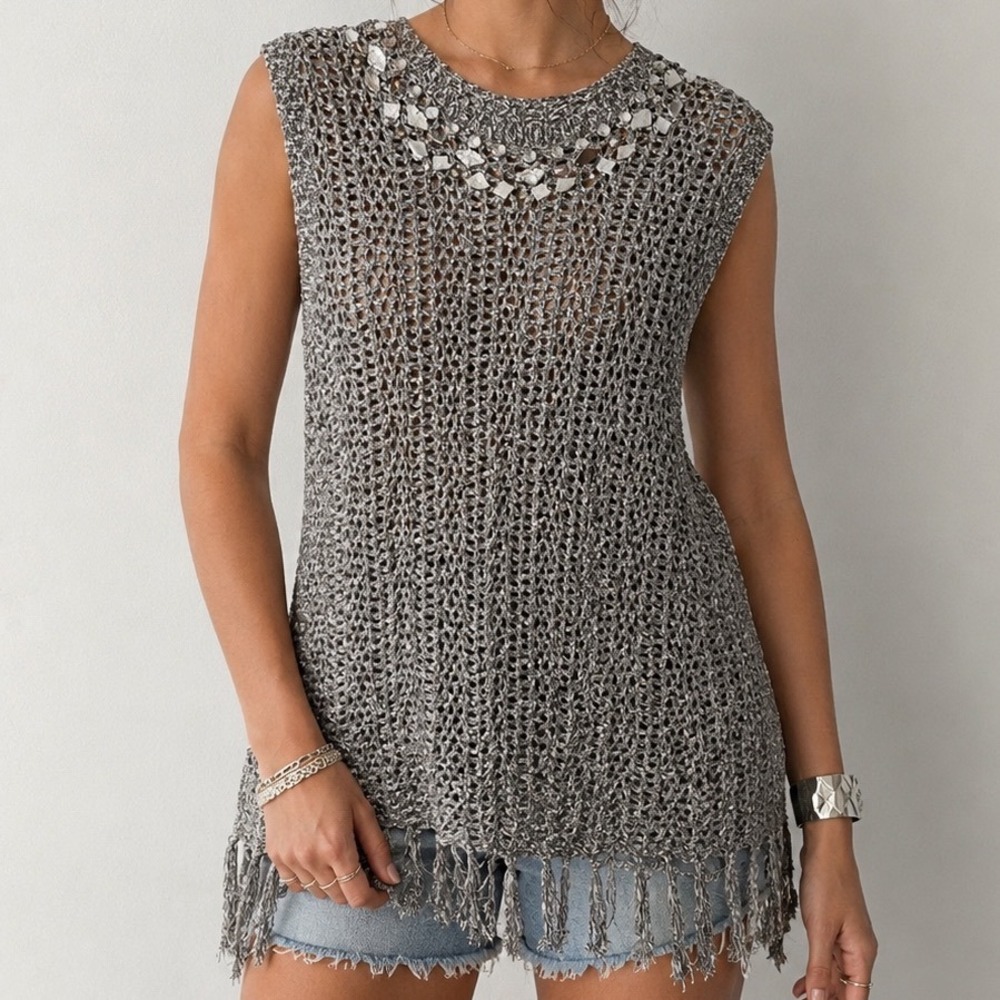 Peck & Peck Embellished Open Knit Fringe Tunic Sweater M Boho Festival Coastal